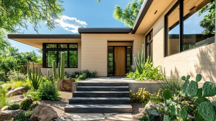 A modern dynamic home with beige stucco walls, charcoal concrete accents, and black-framed windows
