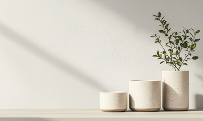 Decorative plant arrangement on minimalist shelf modern interior still life bright environment close-up perspective