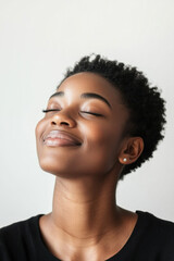 Obraz premium Portrait of a happy young woman with short hair and closed eyes, exuding tranquility and joy against a white background.