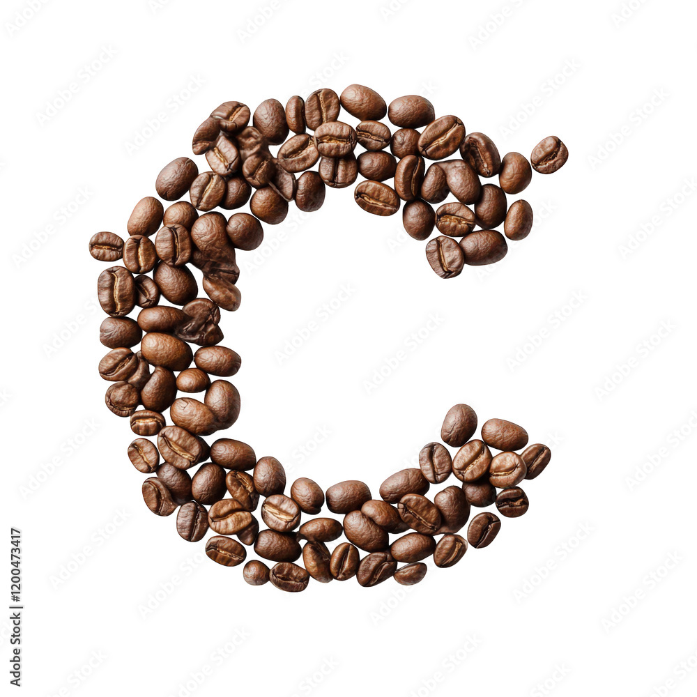 Poster the letter c creatively formed using roasted coffee beans. showcasing a visually appealing arrangement that highlights the texture and color of the beans this design could be used for coffee-related b