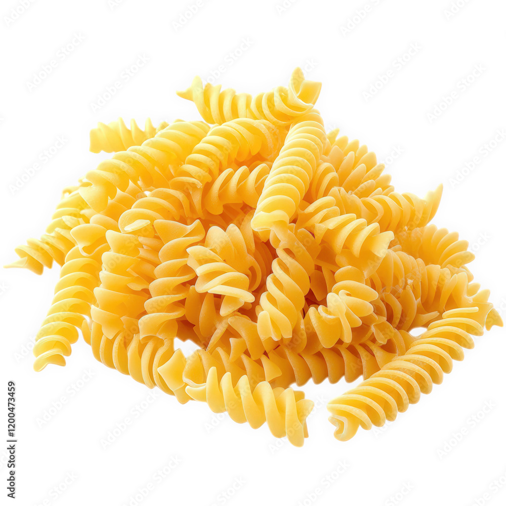 Poster pile of uncooked fusilli pasta. showcasing its spiral shape and vibrant yellow color the pasta is pr