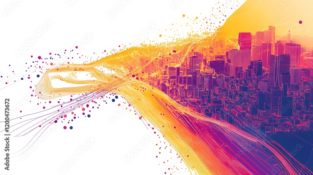 Poster abstract cityscape with vibrant lines and data flow