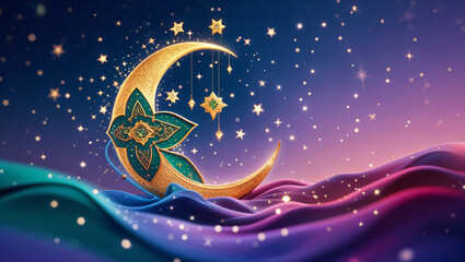 A Golden Crescent Moon and Starry Night Scene with Dreamy Fabric Waves