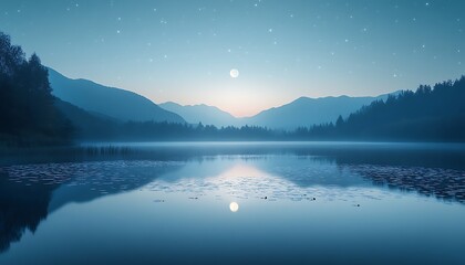 Serene moonlit lake nestled in misty mountains under a starry sky.