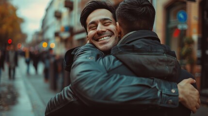 Fototapeta premium Best friends reconnecting in a joyful embrace during an autumn stroll through the city streets