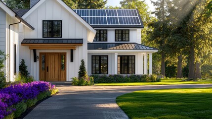 A modern farmhouse in white with a cedar wood door, solar-paneled roof, and black-framed windows