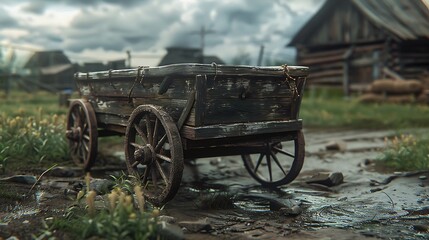 Fototapeta premium Rustic wooden cart on village road, overcast sky