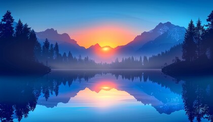 Fototapeta premium A serene landscape with a sunrise over a still lake reflecting the mountains and sky.
