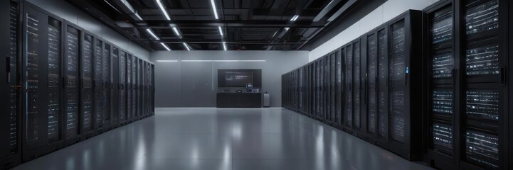 A futuristic representation of data centers with sleek lines and cutting-edge technology features , cloud computing, network security, high-performance computing.