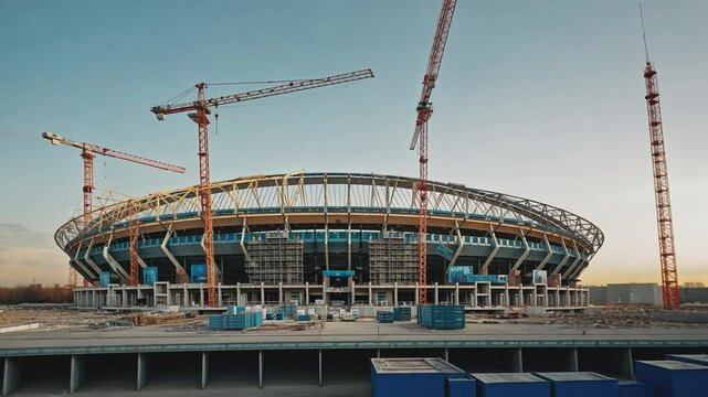 Stadium Under Construction: A massive stadium takes shape under a clear sky, surrounded by towering construction cranes.  The image evokes a sense of progress and ambition.
