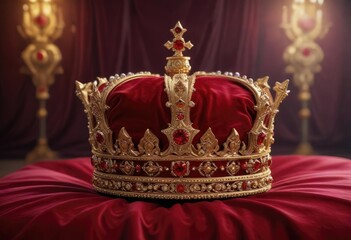 A gleaming golden crown adorned with fiery red diamonds rests on a plush velvet pillow against a deep burgundy background, golden crown, majesty, burgundy background