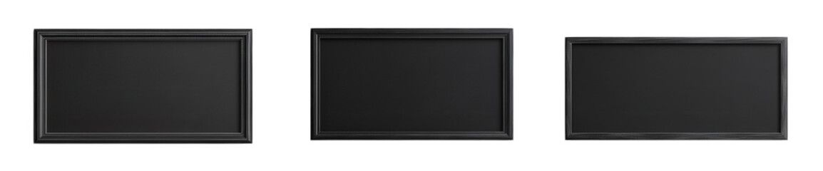 Fototapeta premium three black picture frames arranged horizontally each frame has a simple. elegant design. devoid of any artwork or photographs. suggesting they are ready to be filled with personal or decorative image