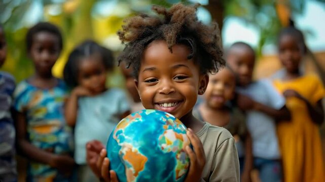 Happy African children holding an earth globe in their hands outdoors