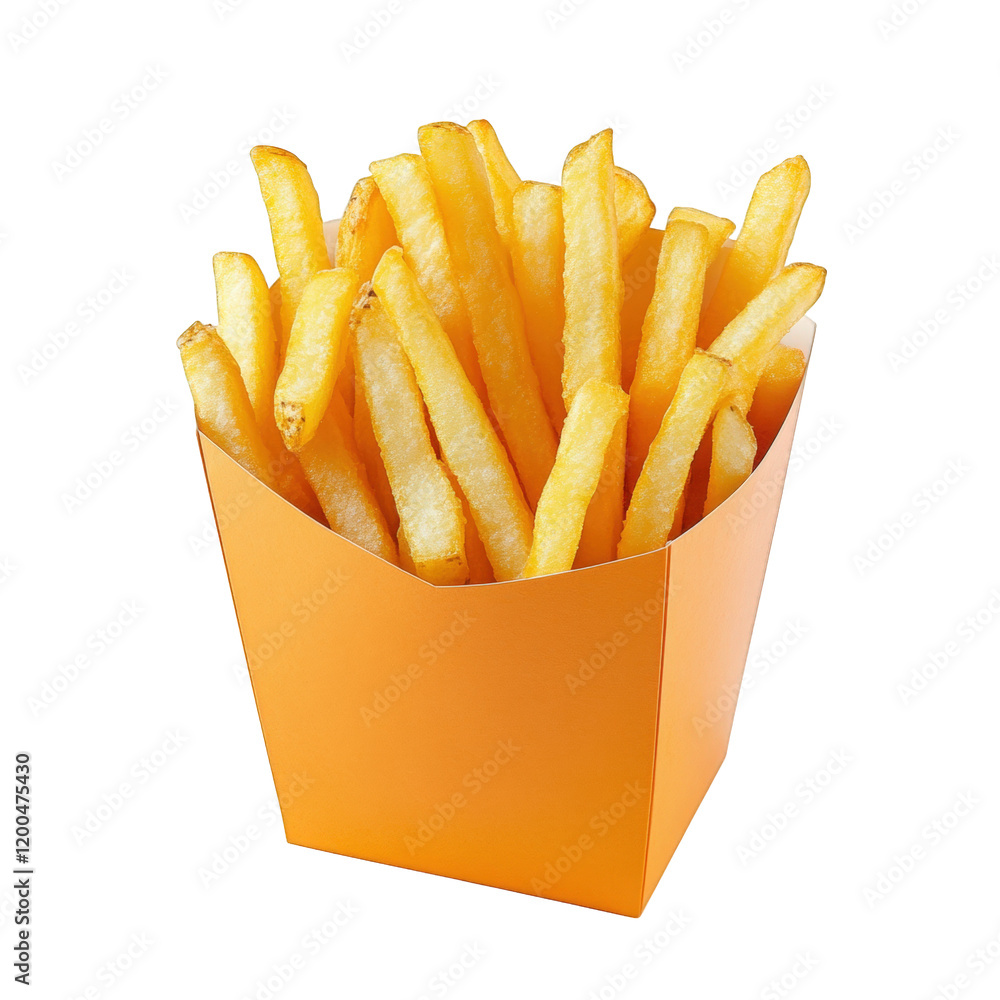 Poster container filled with golden. crispy french fries. presented in a vibrant orange box the fries are n