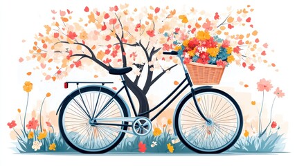 Fototapeta premium Bicycle with flower basket near blooming tree.