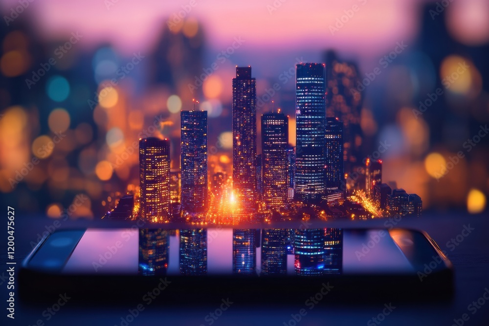 Poster tiny cityscape emerges from a glowing smartphone screen at dusk with vibrant lights illuminating the