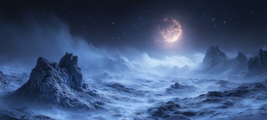 Misty Frozen Terrain Dramatic Landscape Spotlight Shadows Ethereal Realism Panoramic View Depth Isolation