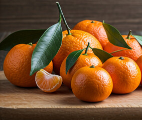  A composition of whole tangerines and a tangerine segment, adorned with fresh green leaves. 