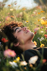 Naklejka premium Young man with curly hair relaxes in a blooming meadow, surrounded by vibrant flowers and basking in sunlight.