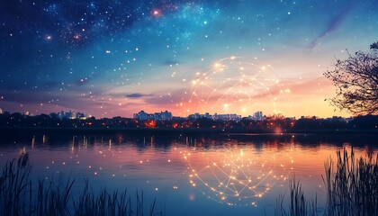 City skyline reflected in a calm lake at sunset, with a glowing network sphere in the sky.