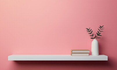 Decorative shelf arrangement with books and vase minimalist interior modern living space soft lighting