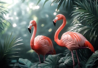 Tropical Landscape with Pink Flamingos and Lush Greenery for Interior Decor and Digital Art