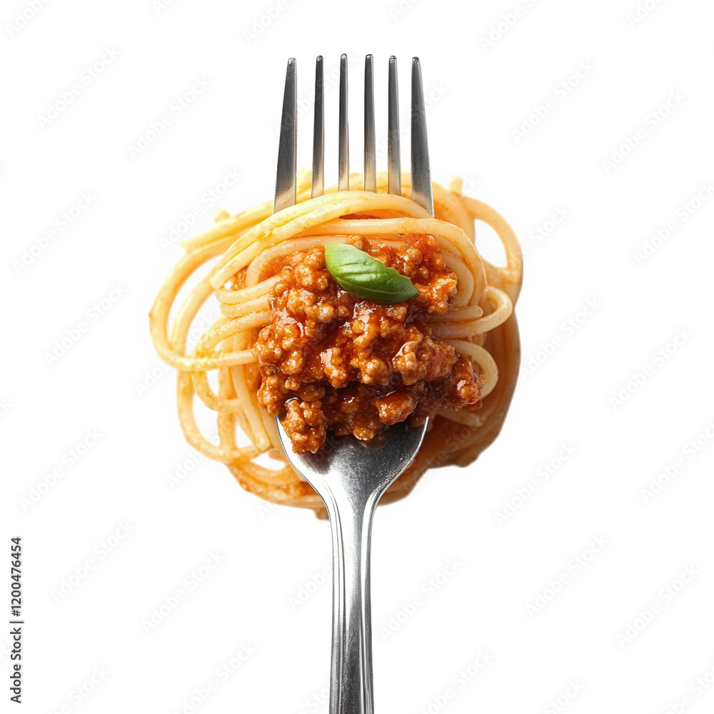 Poster fork holding a small serving of spaghetti topped with a meat sauce. garnished with a single basil le