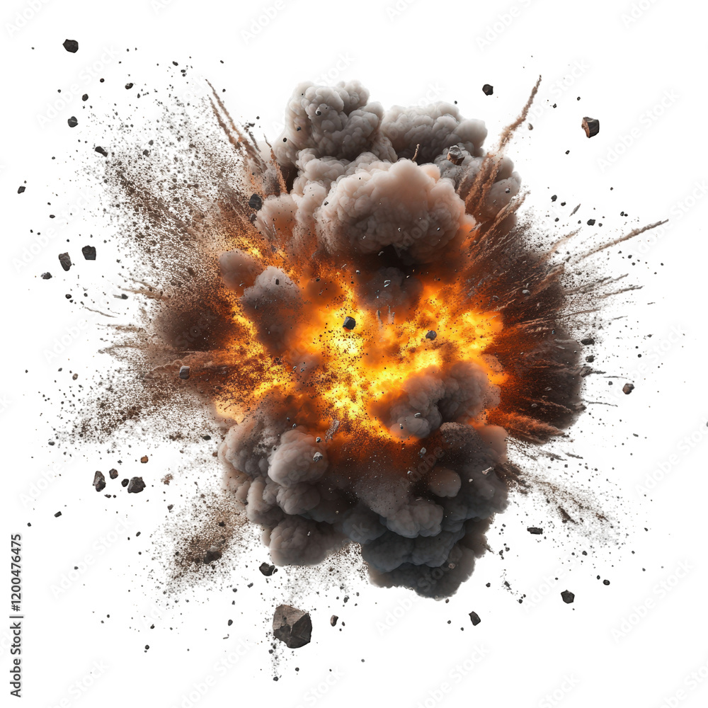 Poster a dramatic explosion. characterized by a large burst of flames and smoke. with debris scattering in 