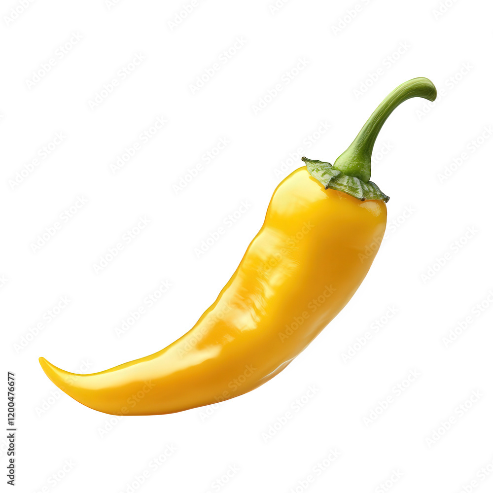 Poster a vibrant yellow chili pepper. highlighting its smooth texture and distinctive shape against a plain