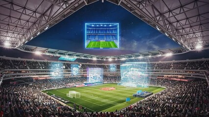 Futuristic Stadium Experience: Immersive digital displays transform a modern stadium during a soccer match, creating a vibrant and engaging atmosphere for spectators. - Powered by Adobe