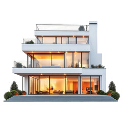 a modern. multi-level house with large glass windows and balconies. illuminated warmly from within the sleek design features a minimalist aesthetic. surrounded by neatly trimmed shrubs. creating a con