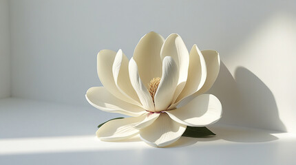 Elegant white magnolia blossom in soft sunlight.  Pure, serene, and minimalist floral image.