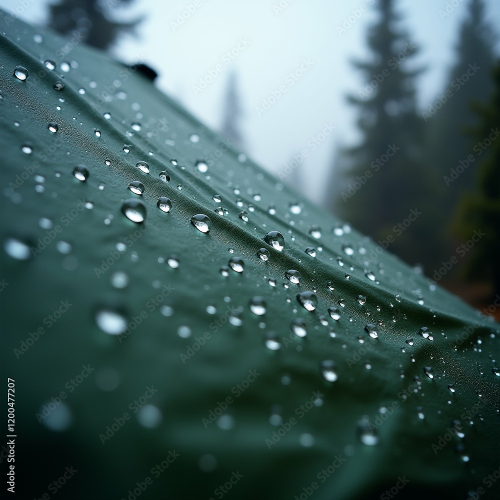 Poster the image is a close-up of a green fabric with water droplets on it. the droplets are scattered acro