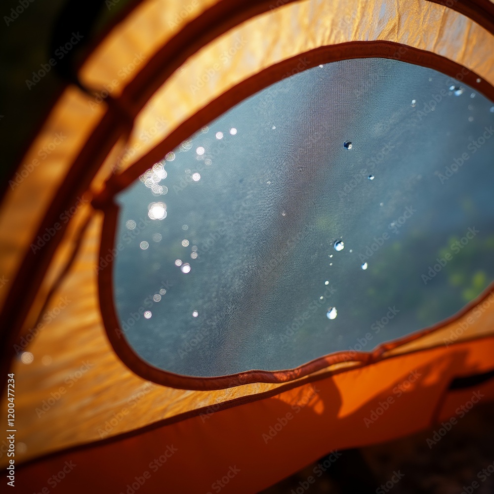 Poster the image is a close-up of the inside of a tent. the tent is orange in color and appears to be made 