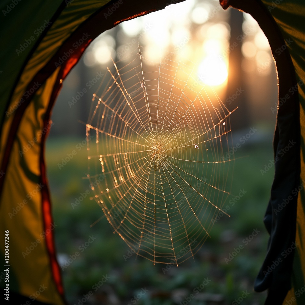 Poster the image is a close-up of a spider web hanging from the inside of a tent. the web is intricately wo