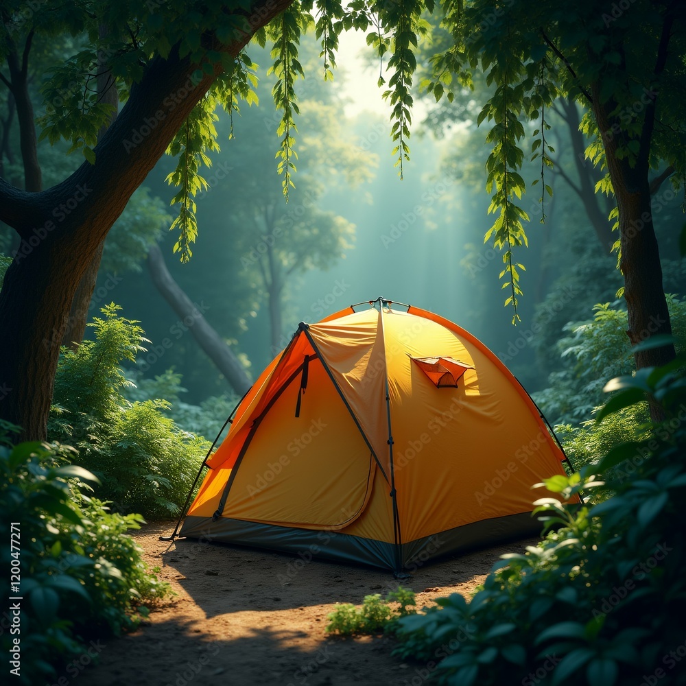 Poster the image shows a bright orange tent set up in the middle of a forest. the tent is facing towards th