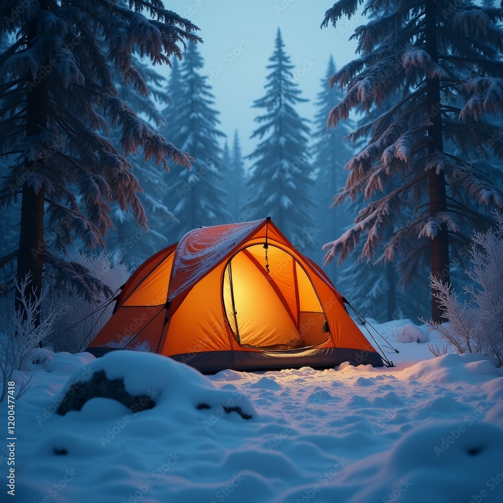 Poster the image shows a camping tent set up in a snowy forest. the tent is orange in color and is position