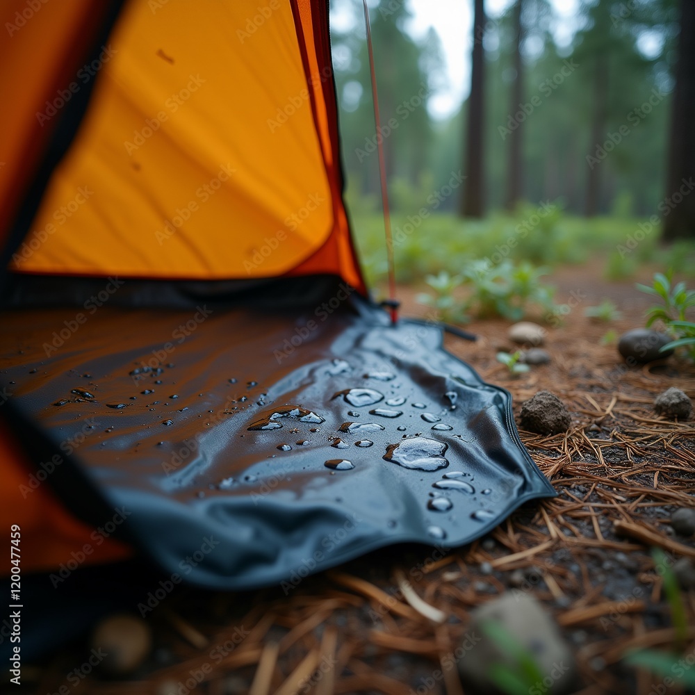 Poster the image shows the inside of a tent in a forest. the tent is orange and black in color and is set u
