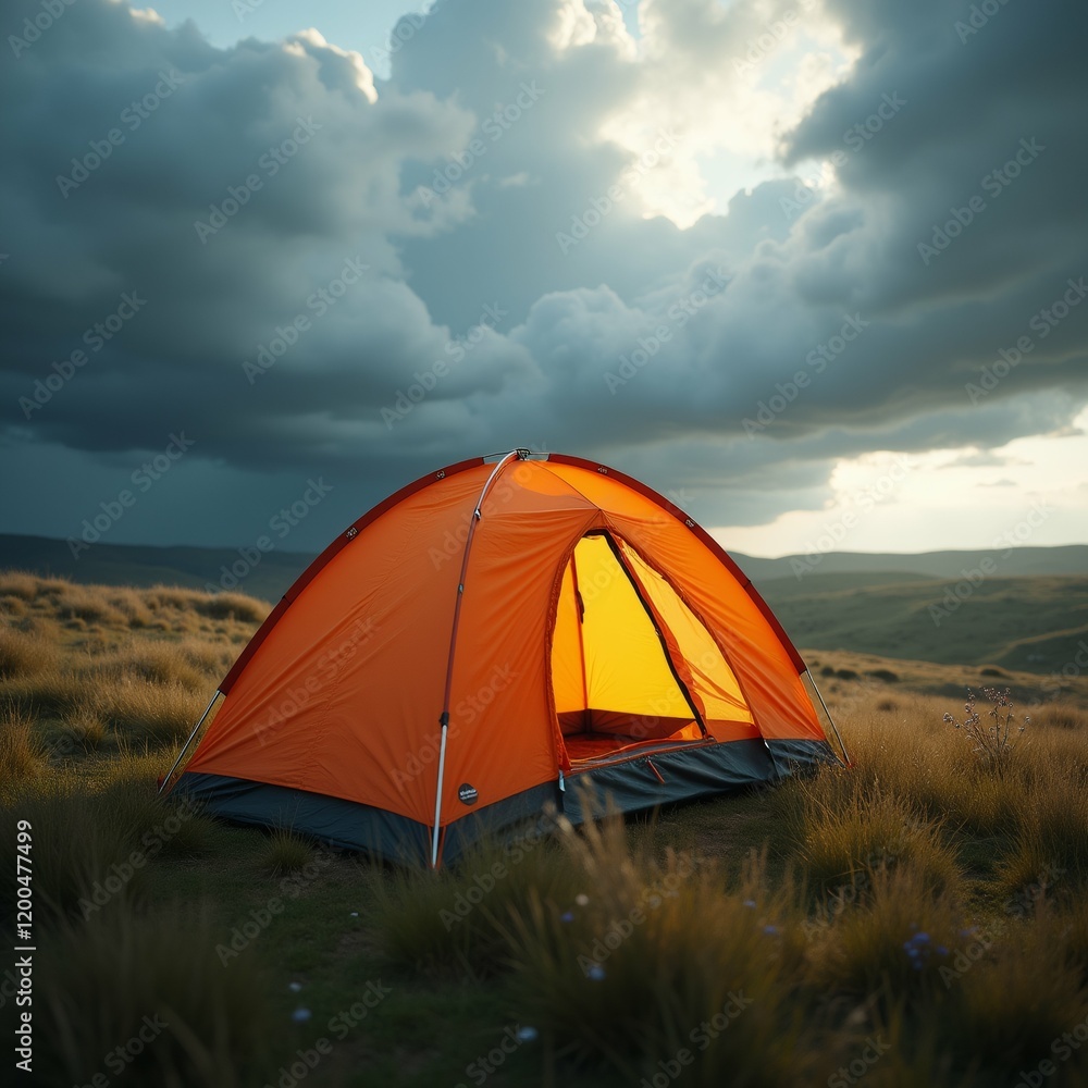 Poster the image shows a large orange tent set up on a grassy hilltop. the tent is facing towards the right