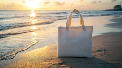 White Tote Bag on a Sandy Beach at Sunset
