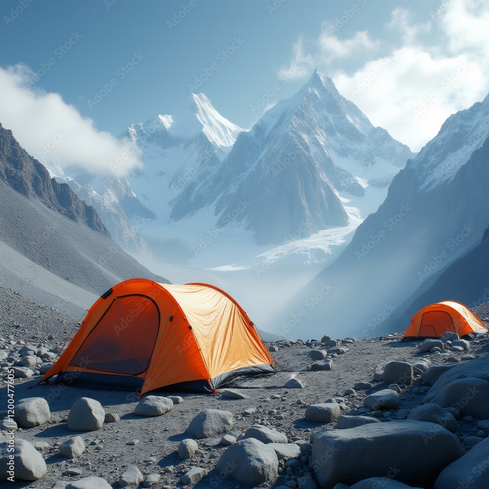 Poster the image shows two orange tents set up on a rocky terrain with a mountain range in the background. 