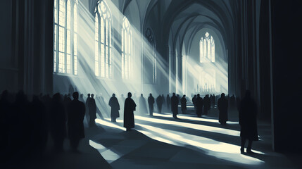 People in a church. Gothic Cathedral Shadows. Illustration