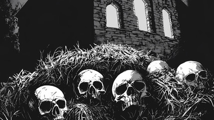 Scary skulls on haystack in farm scene black and white style. Gothic Cathedral Shadows. Illustration