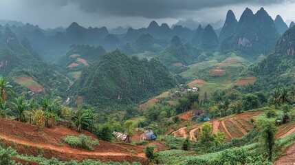 Fototapeta premium Mountain village panorama, Vietnam, terraced fields, cloudy sky, travel postcard