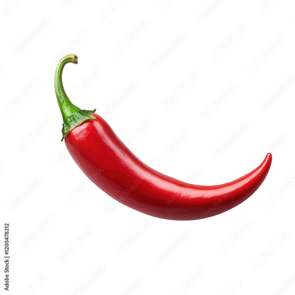 Poster vibrant red chili pepper with a glossy surface and a curved shape. resting on a plain white backgrou