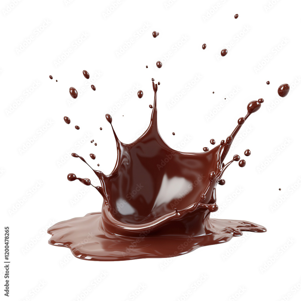 Poster a splash of rich. dark chocolate. creating a dynamic visual effect against a clean white background 
