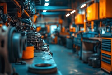 A vibrant workshop filled with tools and equipment, showcasing a focused environment for mechanical work and craftsmanship.