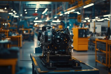 Fototapeta premium A detailed view of an industrial engine on a workbench in a factory, surrounded by equipment and machinery in a busy manufacturing setting.