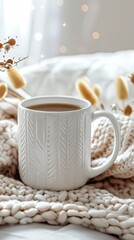 Obraz premium Cozy Coffee Mug Surrounded by Soft Textiles and Dried Flowers