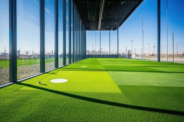 Modern Indoor Golf Facility with Lush Green Turf, Floor-to-Ceiling Windows, and Scenic View of Outdoor Space in a Bright and Spacious Environment